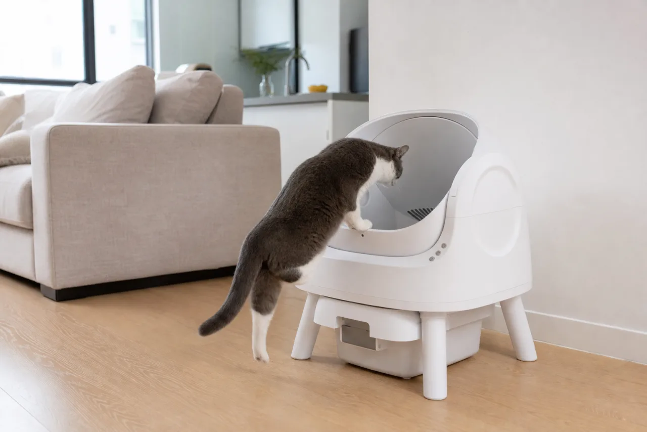 PetPivot : litière automatique pour chat installée à la maison, avec un chat à côté