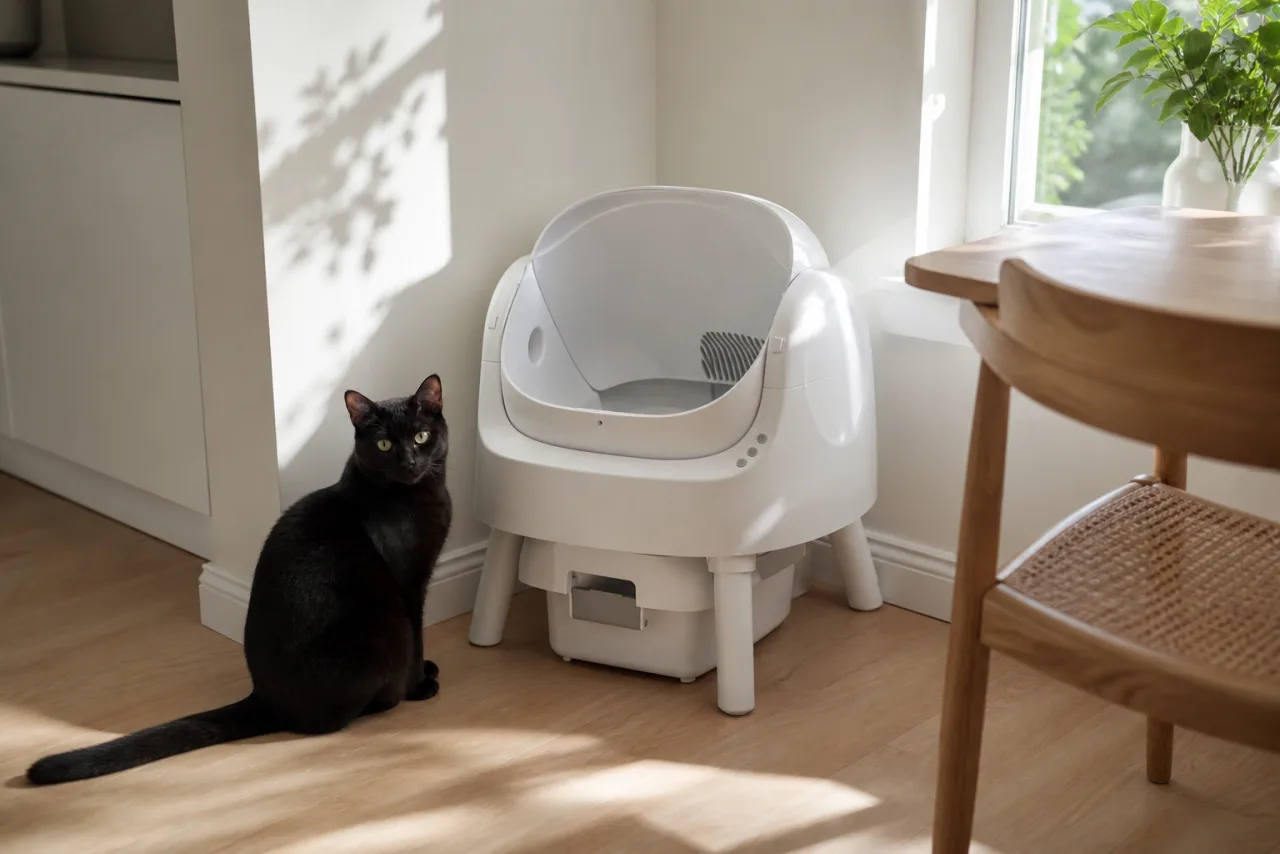 Chat près de la litière automatique PetPivot dans un intérieur lumineux