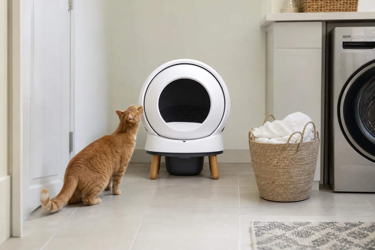 PetSafe ScoopFree : litière automatique pour chat installée à la maison, avec un chat à côté