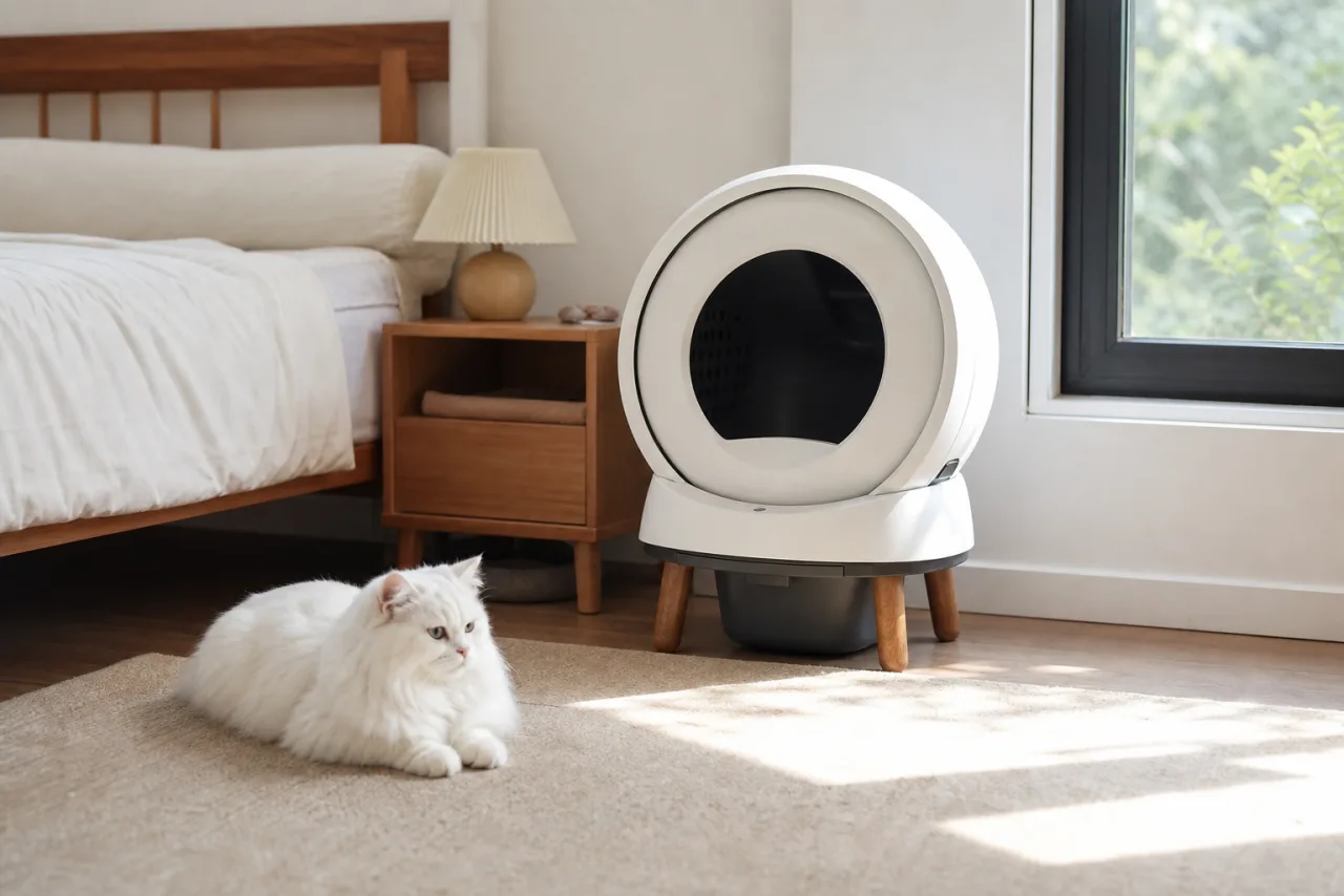 Chat près de la litière automatique PetSafe ScoopFree dans un intérieur lumineux