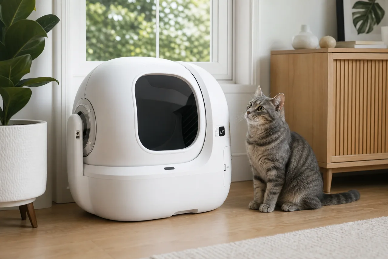 PETKIT Purobot Max Pro 2 : litière automatique pour chat installée à la maison, avec un chat à côté