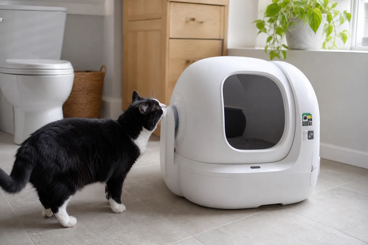 Chat près de la litière automatique PETKIT Purobot Max Pro 2 dans un intérieur lumineux