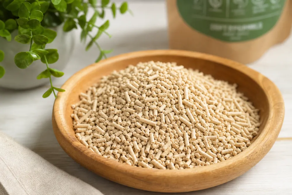 Litière végétale écologique en granulés fins de bois et de tofu dans une coupelle en bois