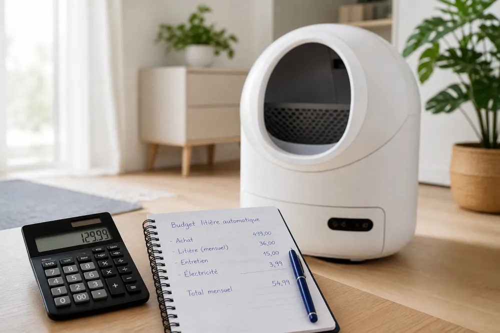 Calculatrice et carnet de budget posés à côté d'une litière automatique