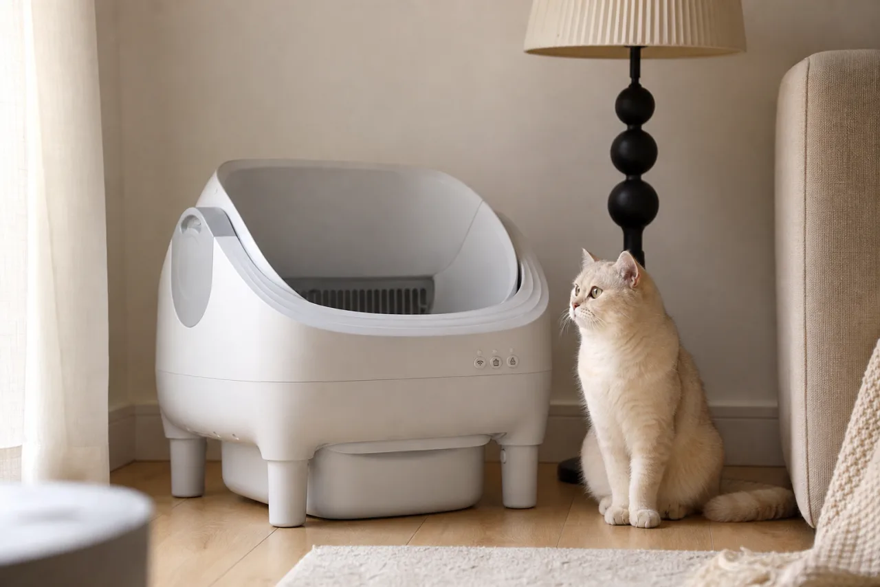 Thereye Luxe : litière automatique pour chat installée à la maison, avec un chat à côté
