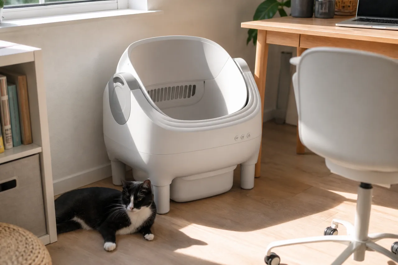 Chat près de la litière automatique Thereye Luxe dans un intérieur lumineux