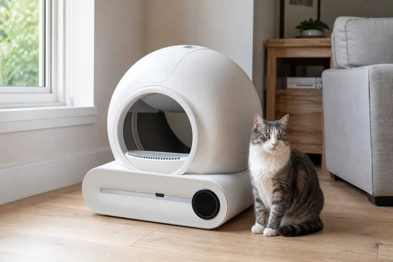 XQDKoon : litière automatique pour chat installée à la maison, avec un chat à côté