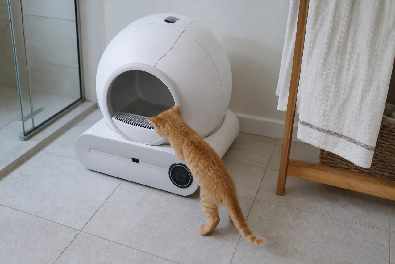 Chat près de la litière automatique XQDKoon dans un intérieur lumineux